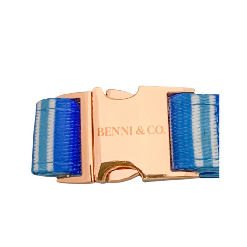 A stylish Ride the Waves Dog Collar featuring soft neoprene padding and rose gold hardware, perfect for comfort and durability.